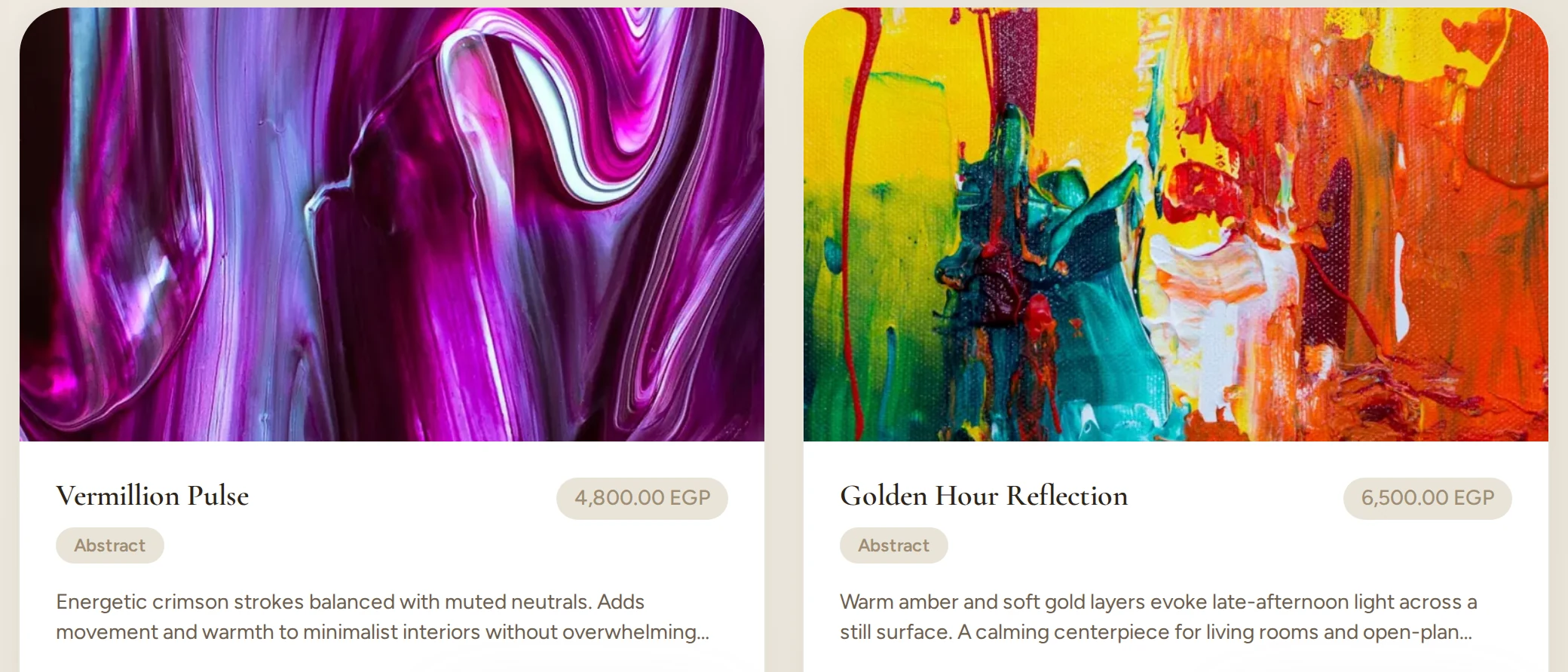 Artwork cards on Ro Gallery's Abstract style page, each with its listing photo, title, style and price in EGP