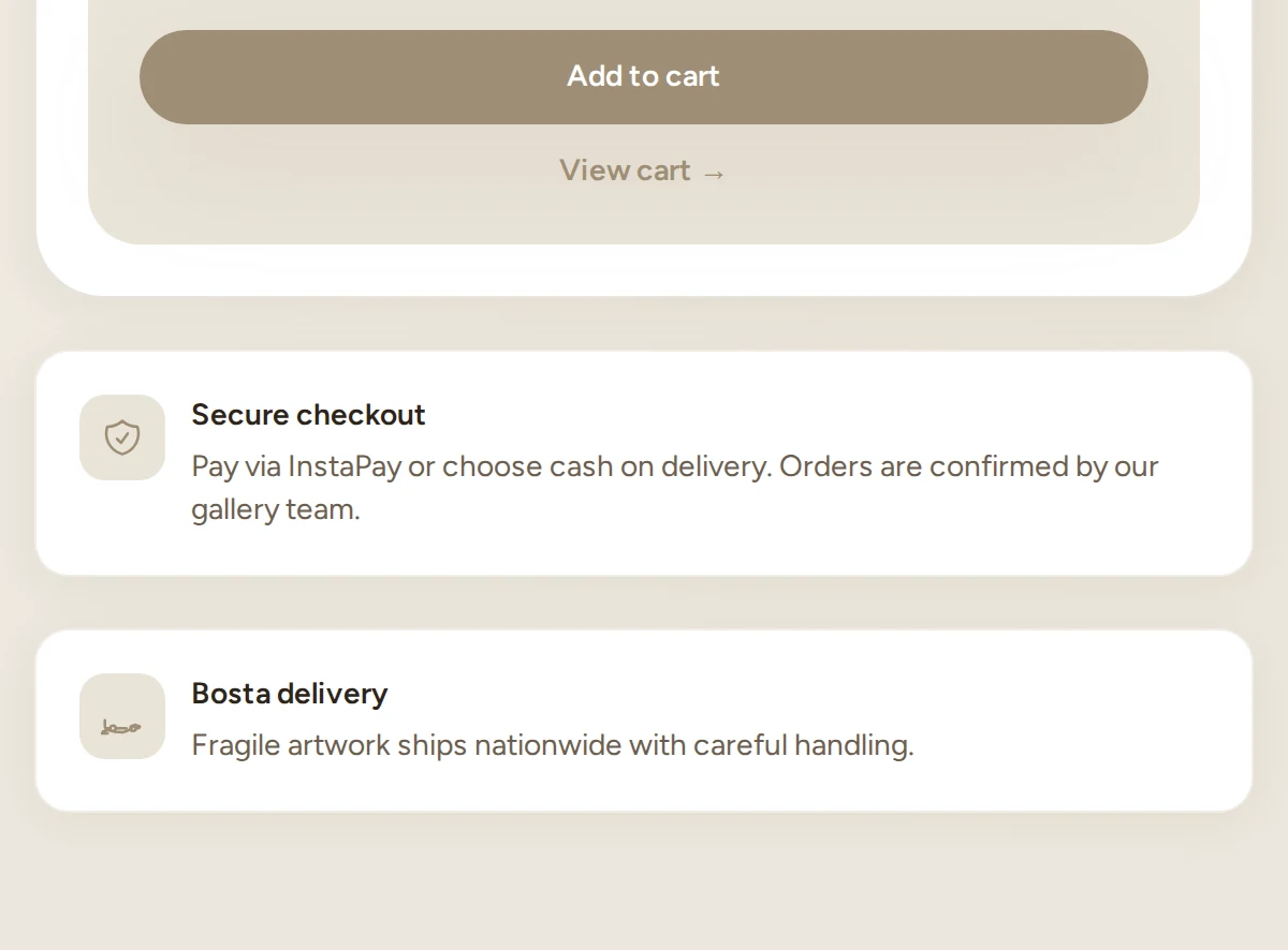 Add to cart on a Ro Gallery artwork page, then its checkout line (InstaPay or cash on delivery, orders confirmed by the gallery team) and its Bosta delivery line