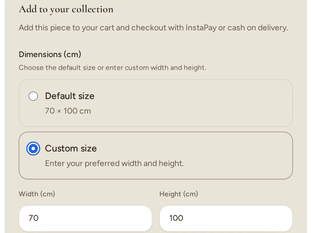 Dimensions on a Ro Gallery artwork page: Default size 70 × 100 cm or Custom size, with width and height fields in centimetres