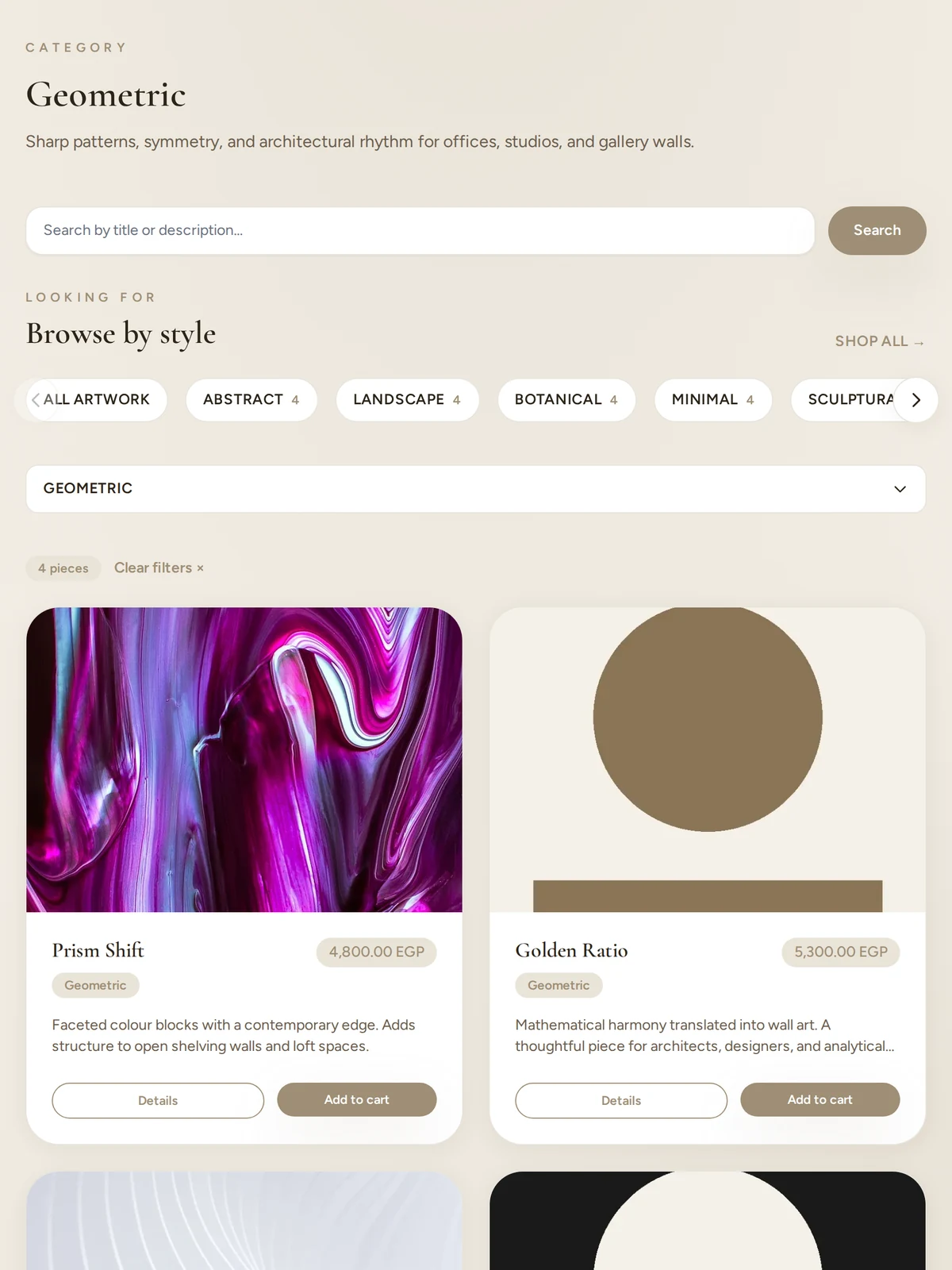 Ro Gallery's Geometric style page: heading, search, the Browse by style filter and the first artwork cards