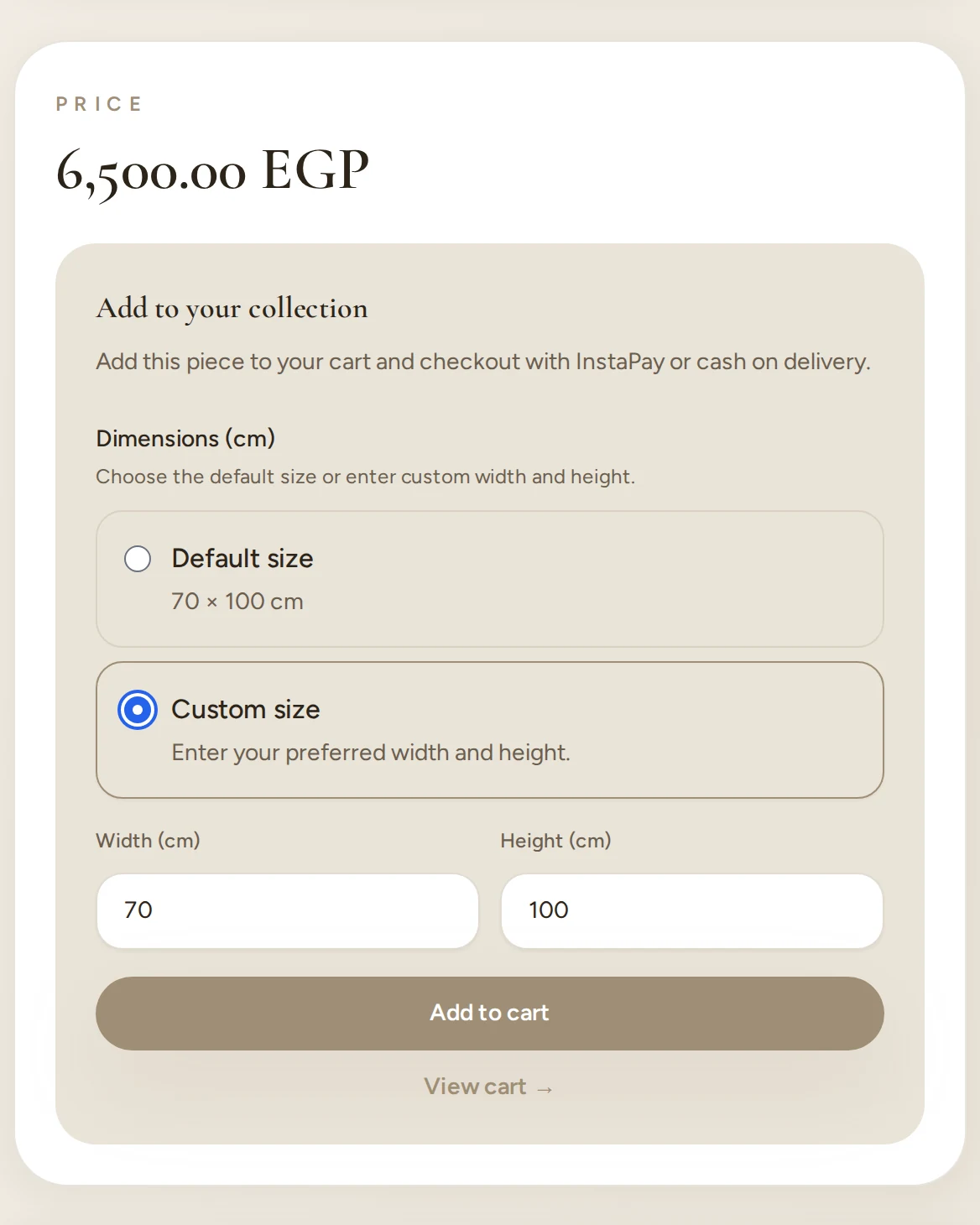 The price panel on Golden Hour Reflection's artwork page at rogallery.xyz: 6,500.00 EGP, Add to your collection, Default size 70 × 100 cm or Custom size, width and height in cm, Add to cart and View cart