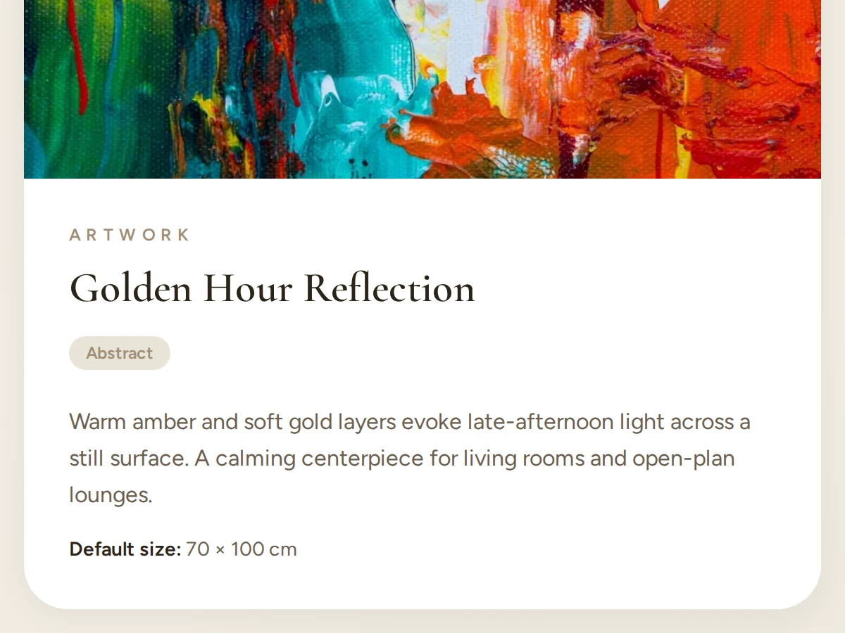 A Ro Gallery artwork page: the title Golden Hour Reflection, the Abstract style, its description and Default size: 70 × 100 cm