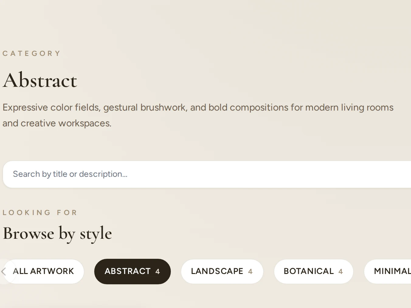 Ro Gallery's Abstract style page: page heading, search box and the Browse by style filter